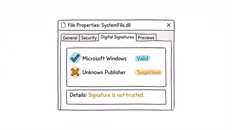 File properties dialog showing digital signature verification of Windows system file