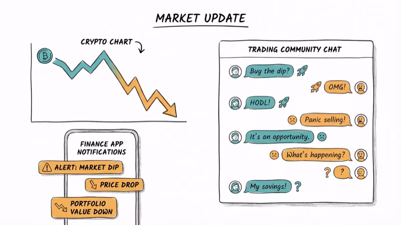 Cryptocurrency chart with dramatic price drop and finance app notifications on phone