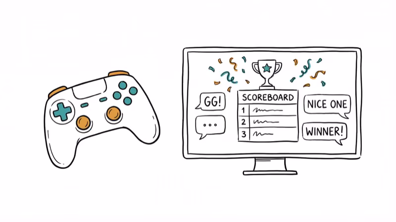 Game controller next to screen with scoreboard trophy icon and victory confetti