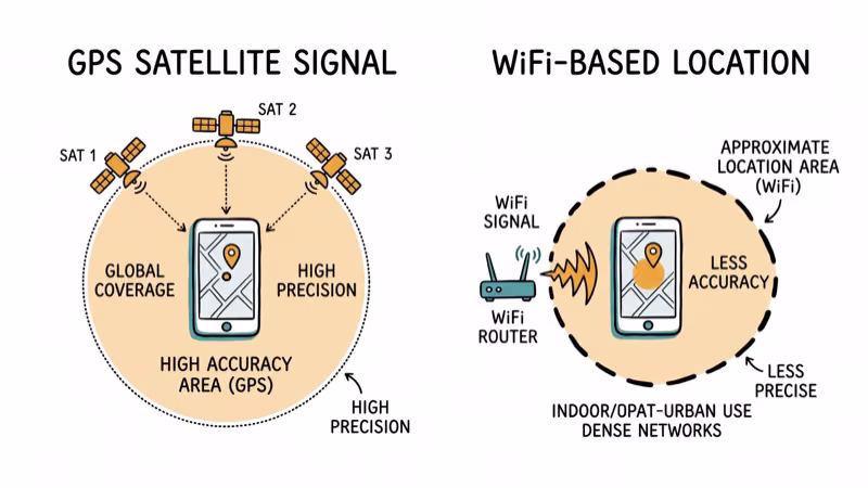 Comparison between GPS satellite signal and WiFi location accuracy circles around phone