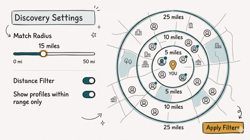 Bumble match radius and distance filter settings on a map