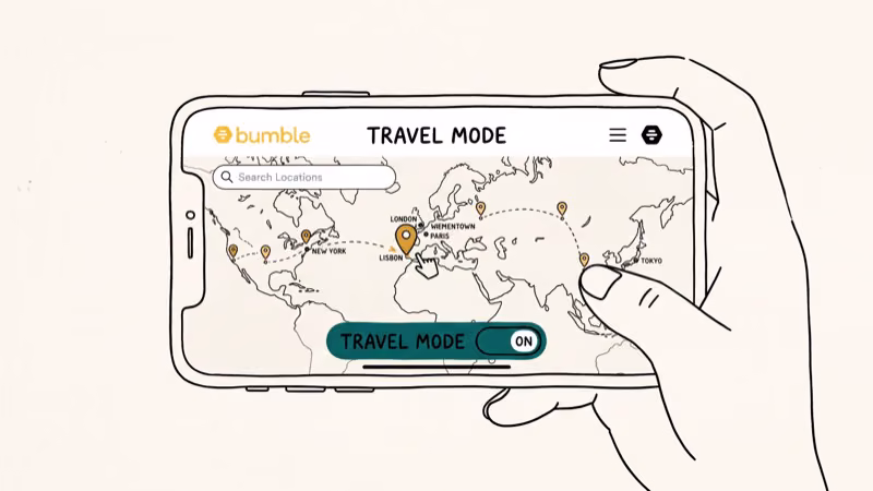 Bumble app settings screen showing how to enable Travel Mode location feature