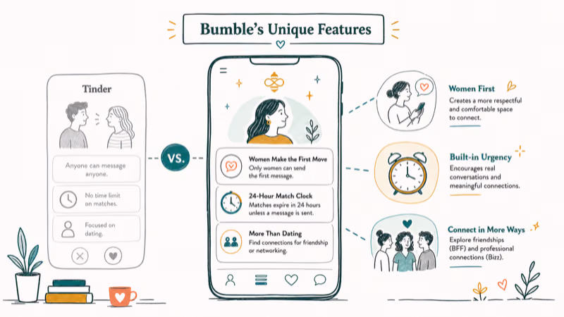 Hand-drawn illustration: Bumble’s Unique Features