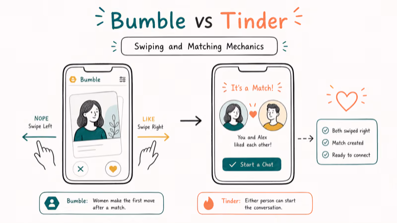 Hand-drawn illustration: Swiping and Matching Mechanics