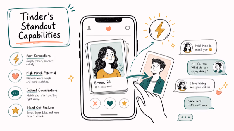 Hand-drawn illustration: Tinder’s Standout Capabilities
