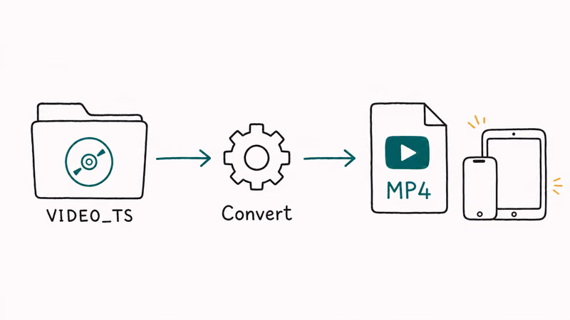 Flow from a VIDEO_TS DVD folder converting into an MP4 file for modern devices