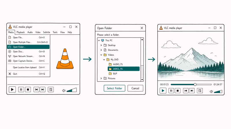 Three steps showing VLC opening a VIDEO_TS folder and playing the DVD video