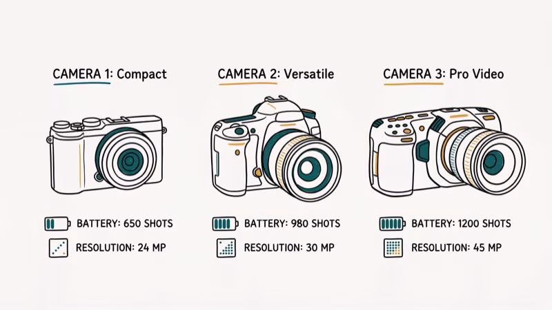 Side-by-side comparison of four top button camera models showing size and resolution specs