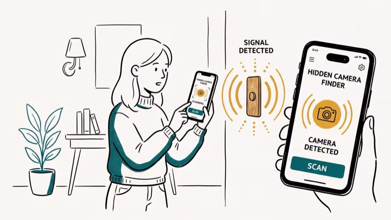 Person using RF detector scanner to find hidden button camera in a room