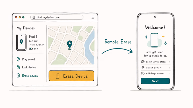 Hand-drawn split showing Find Hub browser with Erase Device button and the phone showing fresh setup wizard.