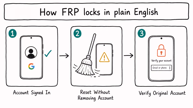 Three step FRP trigger sequence showing signed-in account factory reset without removing account and FRP lock screen.