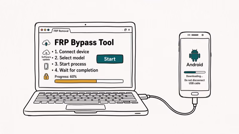Tenorshare 4uKey for Android FRP removal tool connected to phone via USB cable on PC