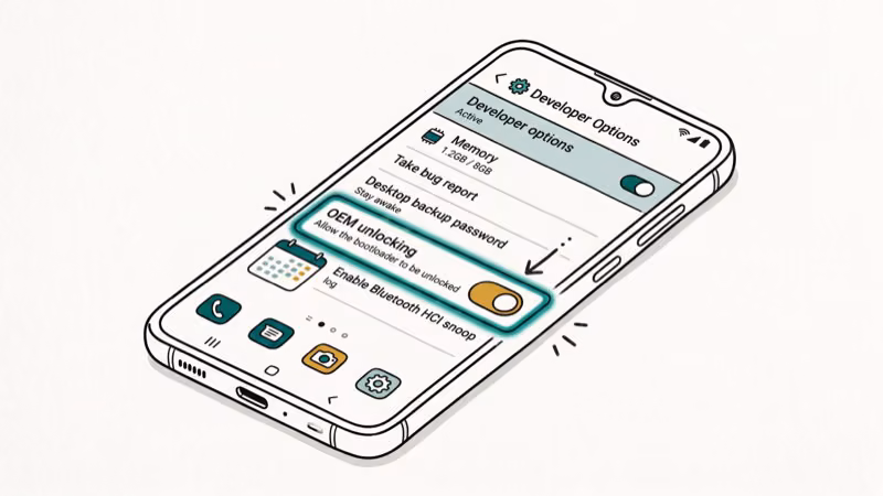 Android Developer Options screen showing OEM Unlocking toggle enabled on Samsung device