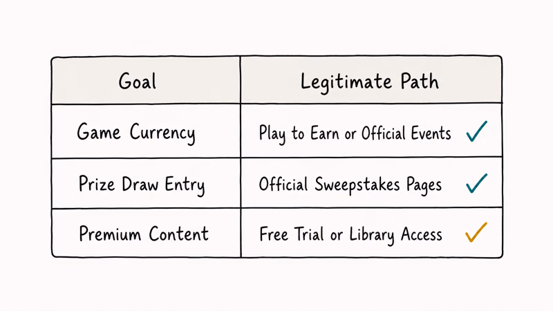 Two-column hand-drawn table mapping common goals to legitimate alternatives for game currency draws and content.