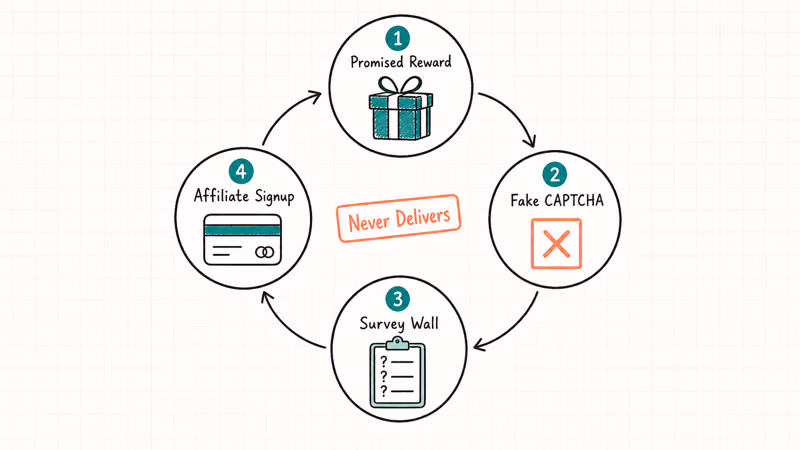 Hand-drawn circular loop showing the bypass tool scam path from fake reward to CAPTCHA to survey to signup.