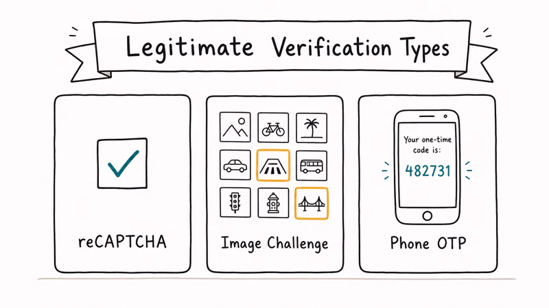 Three hand-drawn cards showing reCAPTCHA image challenge and phone OTP as legitimate human verification methods.