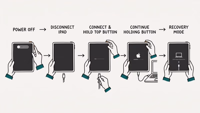 iPad connected to Mac in Recovery Mode showing restore and update options in Finder