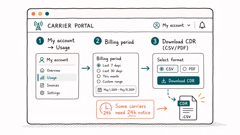 Carrier portal showing three steps to download call detail records from account usage to billing period to CSV