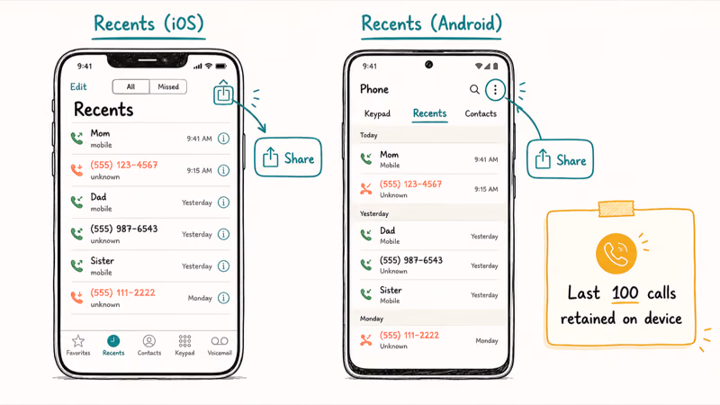 Two phones side by side showing iPhone and Android Recents tab with teal share icon for last 100