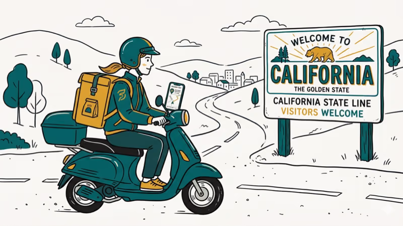 Delivery driver on scooter crossing a state border with phone map