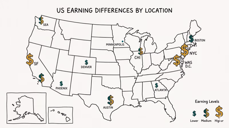 US map showing DoorDash earning differences by city and state