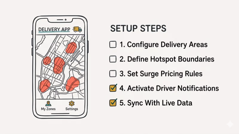 Phone screen showing delivery app hotspot zones with setup checklist