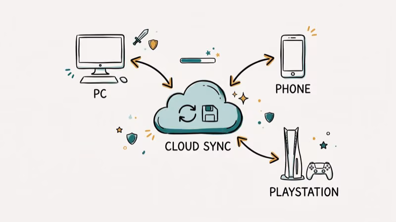 HoYoverse account cross-save sync diagram connecting PC mobile and PlayStation platforms