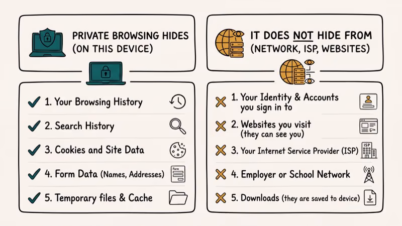 Comparison chart showing what private browsing hides versus what it exposes online