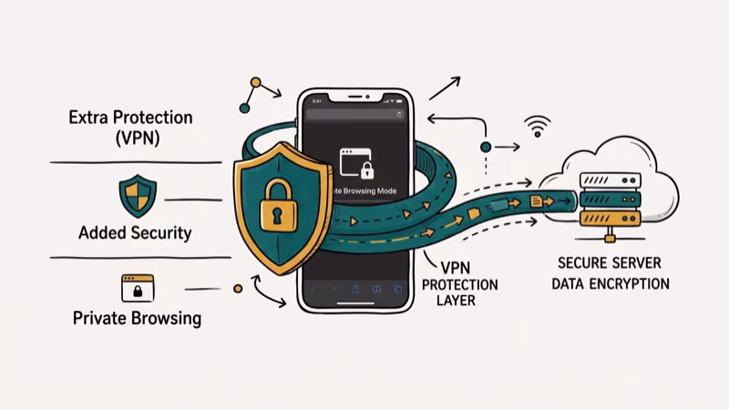 Illustration of a VPN encrypting iPhone traffic to protect real IP address from websites