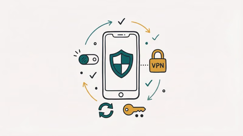 Phone protected by shield with VPN lock and two-factor authentication key icons