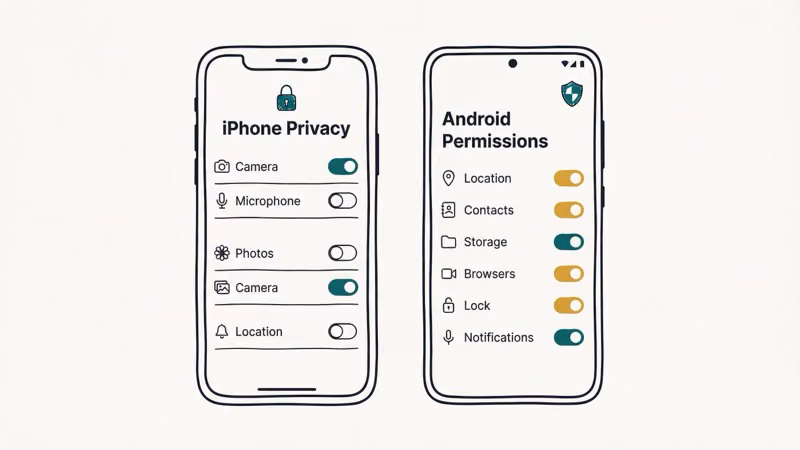 iPhone and Android phones showing camera permission toggle settings