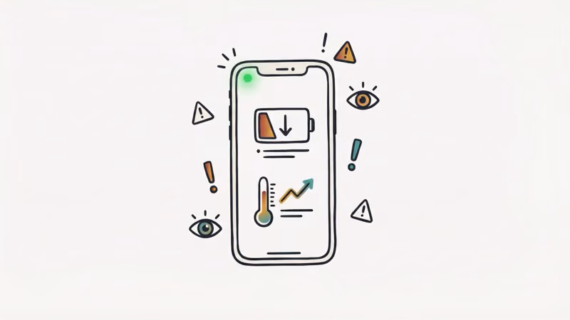 Smartphone displaying camera compromise warning signs including indicator light and battery drain