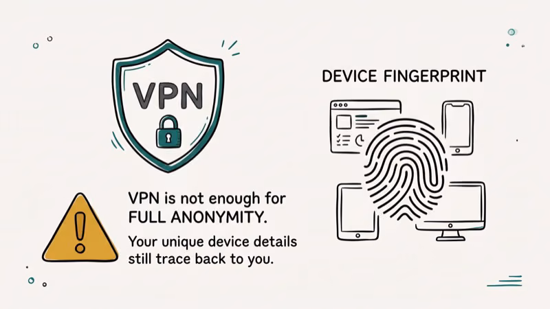 Illustration showing VPN hiding IP address but failing to conceal device identifiers from TextFree