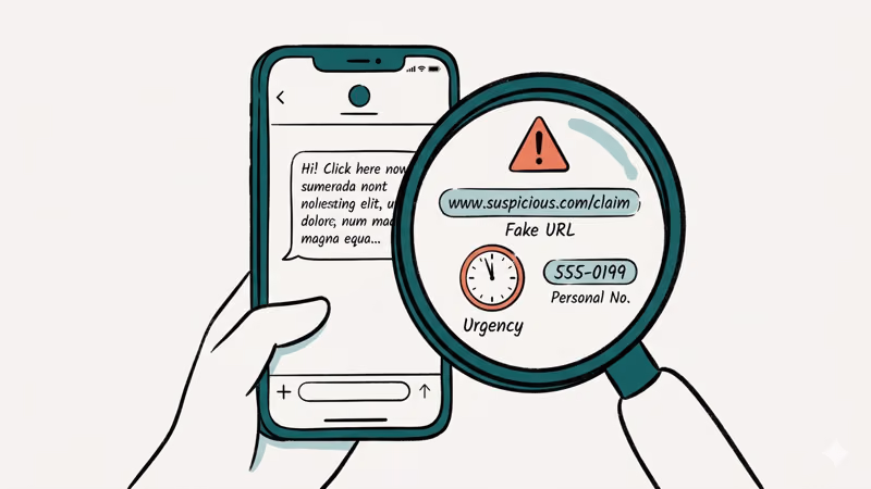 magnifying glass revealing red flag indicators on a scam text message