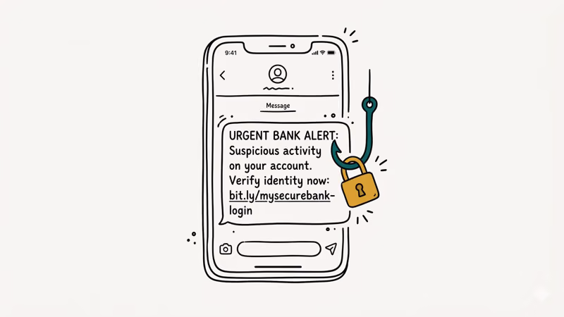 hand-drawn phone showing phishing text with hook pulling a padlock