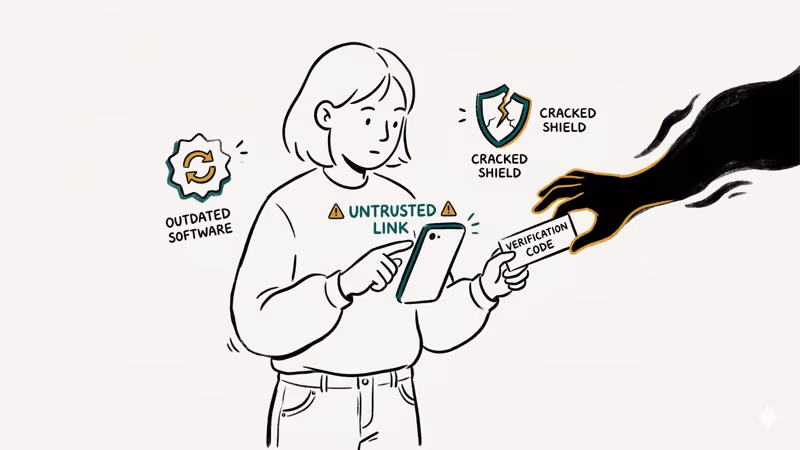 person tapping suspicious link while shadowy hand grabs verification code