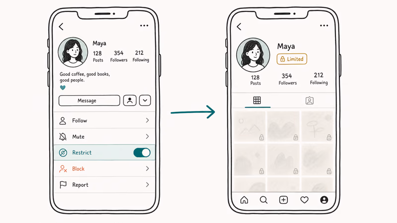 Instagram profile screen showing the Restrict toggle and a follower limited view