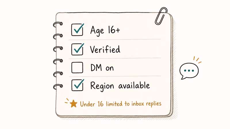 TikTok group chat eligibility checklist showing age 16 verified DM permission and region with under 16 limit note