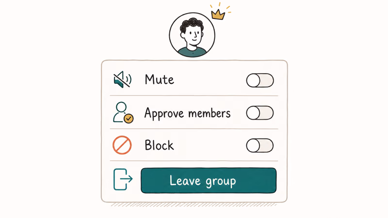TikTok group chat settings panel with mute approve block report toggles admin crown and teal leave button