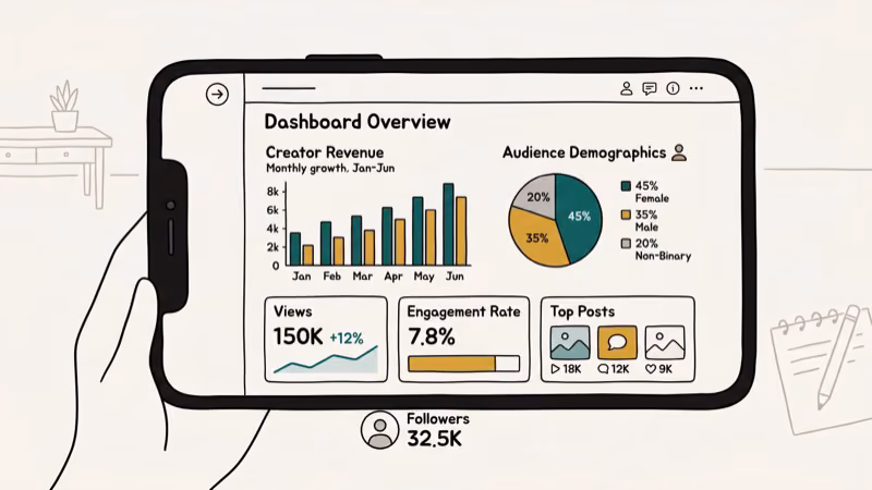 TikTok Analytics dashboard displaying overview follower count video views and demographics