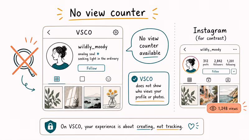 VSCO profile with crossed out view counter speech bubble and Instagram comparison sketch showing views badge