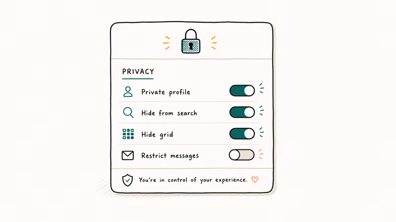 VSCO privacy settings with four toggles for private profile search visibility hide grid and message restrictions