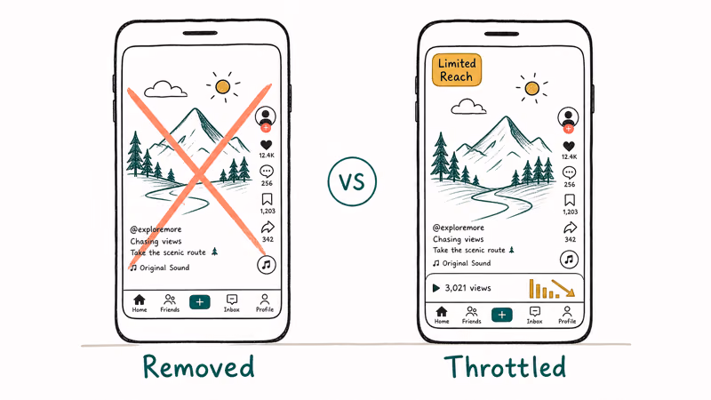 Two hand-drawn phones comparing a removed TikTok video with a throttled one showing limited reach badge.