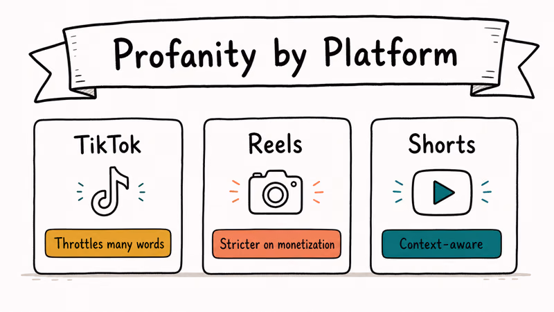 Three hand-drawn platform cards comparing TikTok Reels and Shorts profanity policies with colored severity tags.