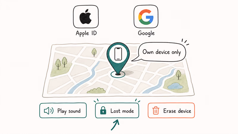 Map with phone pin Apple ID and Google logos showing official Find My flow with play sound lost