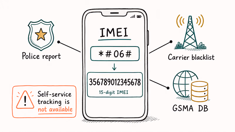 Phone showing IMEI dial code *#06# with 15-digit number connecting to police badge carrier tower and global database