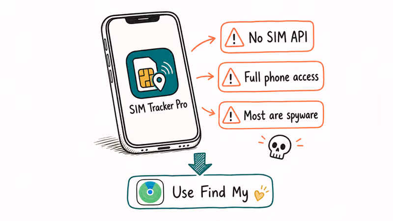 Fake SIM Tracker Pro app icon with three warnings about missing API spyware full phone access and Find