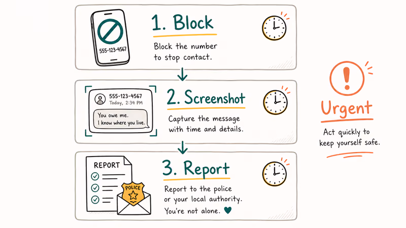 Three-step harassment action checklist showing block number screenshot evidence and report to TextNow and police