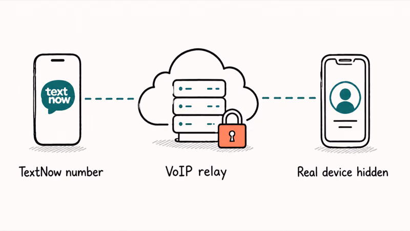 TextNow virtual number connecting through VoIP relay server cloud with coral lock to hidden real device on right