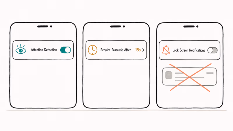 Three hand-drawn iPhone Settings cards showing Face ID hardening including attention detection passcode timer and notifications.